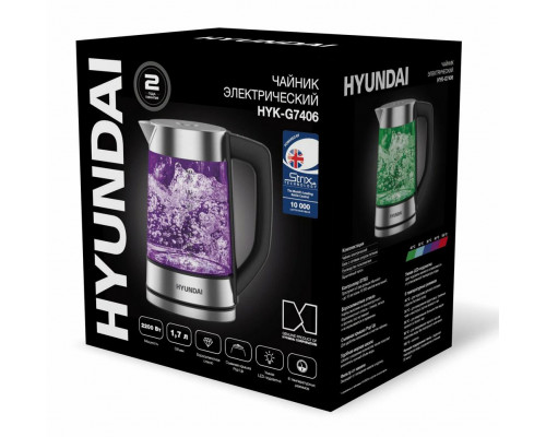 Чайник Hyundai HYK-G7406 черный/серебристый стекло Чайник Hyundai HYK-G7406 черный/серебристый стекло