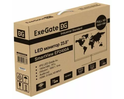 Монитор 23.8" ExeGate EP2400A {IPS 1920x1080 75Hz 5ms 250cd 1000:1 178/178 D-Sub HDMI1.4 AudioOut встроенный БП FreeSync VESA, регулировка наклона}