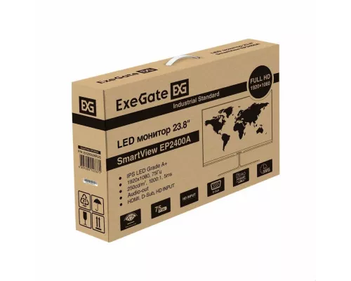 Монитор 23.8" ExeGate EP2400A {IPS 1920x1080 75Hz 5ms 250cd 1000:1 178/178 D-Sub HDMI1.4 AudioOut встроенный БП FreeSync VESA, регулировка наклона}