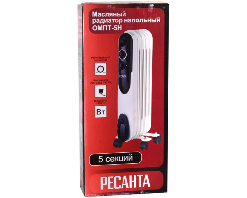 Масляный радиатор Ресанта ОМПТ- 5Н [67/3/2] {1кВт, 290?140?650, 5 секций, 6,3 кг}