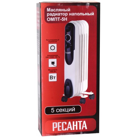 Масляный радиатор Ресанта ОМПТ- 5Н [67/3/2] {1кВт, 290?140?650, 5 секций, 6,3 кг}