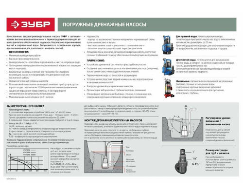 Насос ЗУБР НПГ-Т3-400  профессионал т3 погружной дренажный для грязной воды d частиц до 35мм 400Вт