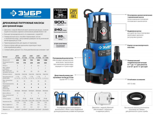 Насос ЗУБР НПГ-Т3-1300  профессионал т3 погружной дренажный для грязной воды d частиц до 35мм 1300В