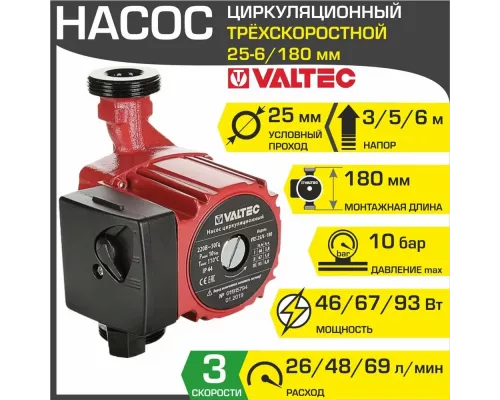 Циркуляционный насос VALTEC RS 25/6-180 с гайками