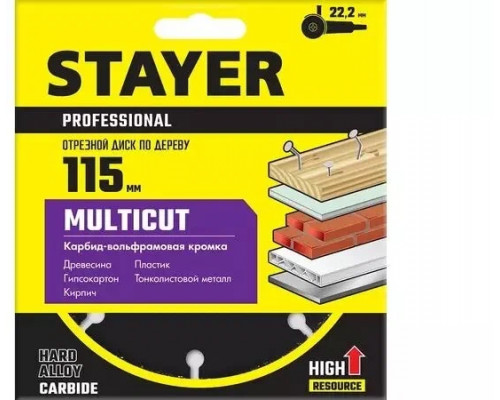 Диск отрезной по дереву для УШМ STAYER MultiCut 115х22,2мм 36860-115