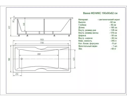 Ванна ФЕНИКС-190 пустая с фронт.экр