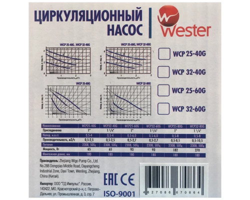 Циркуляционный насос Wester WCP 25/60G