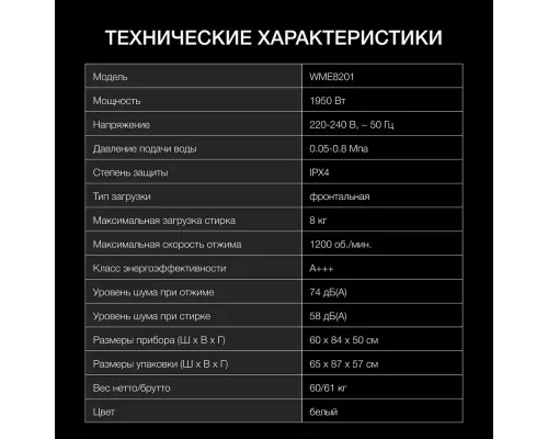 Стиральная машина Hyundai WME8201 белый