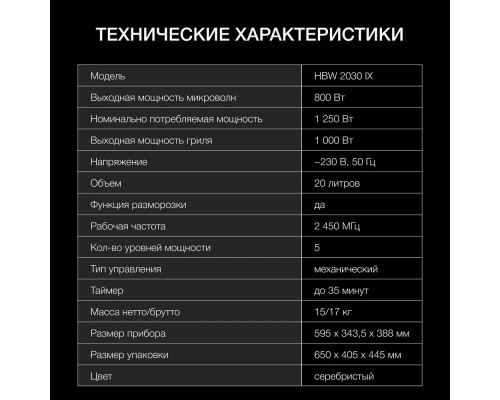 Встраиваемая микроволновая печь Hyundai HBW 2030 IX Встраиваемая микроволновая печь Hyundai HBW 2030 IX