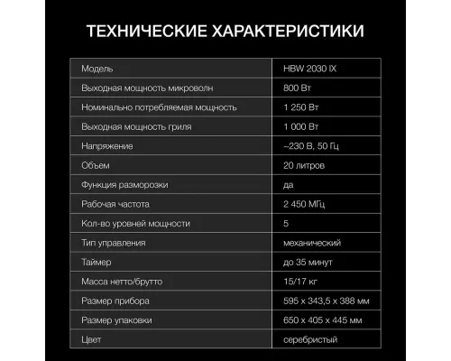 Встраиваемая микроволновая печь Hyundai HBW 2030 IX