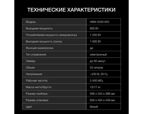 Встраиваемая микроволновая печь Hyundai HBW 2040 WG