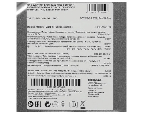 Кухонная плита HANSA FCGA62109 черный