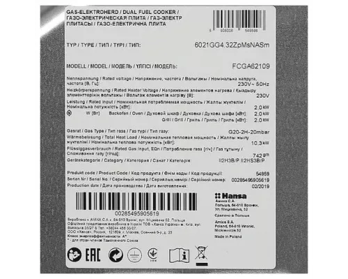 Кухонная плита HANSA FCGA62109 черный