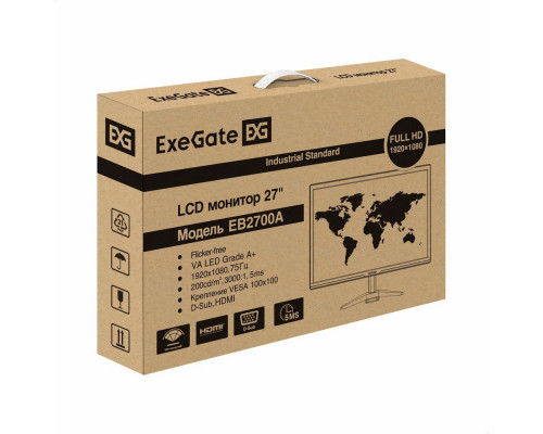 Монитор 27" ExeGate EB2700A (VA LED Grade A+, FHD, 1920x1080@75Гц, 16:9, 200cd/m2, 3000:1, 178°/178°, 5ms, D-Sub, HDMI, Flicker-free, кабель HDMI 1.5м Монитор 27" ExeGate EB2700A (VA LED Grade A+, FHD, 1920x1080@75Гц, 16:9, 200cd/m2, 3000:1, 178°/178°, 5ms, D-Sub, HDMI, Flicker-free, кабель HDMI 1.5м