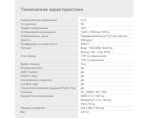 Монитор 21.5" Digma Progress 22A501F VA 1920x1080, 100 Гц, 5 мс, 16:9, 250 кд/м2, 1xHDMI, 1xDP, черный