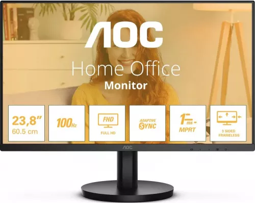 Монитор 23.8" AOC 24B3HMA2 VA 1920x1080, 100 Гц, 4 мс, 16:9, 250 кд/м2, 1xHDMI, 1xVGA, выход на наушники, черный
