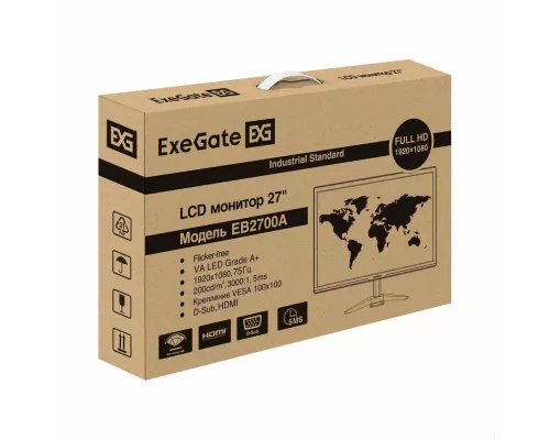 Монитор 27" ExeGate EB2700A (VA LED Grade A+, FHD, 1920x1080@75Гц, 16:9, 200cd/m2, 3000:1, 178°/178°, 5ms, D-Sub, HDMI, Flicker-free, кабель HDMI 1.5м
