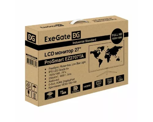Монитор 27" ExeGate EZ2707TA ProSmart IPS 1920x1080, 75 Гц, 5 мс, 16:9, 250 кд/м², 1xHDMI 1.4, 1xD-Sub, 1xDisplayPort, 3.5 мм, черный (EX297649RUS)