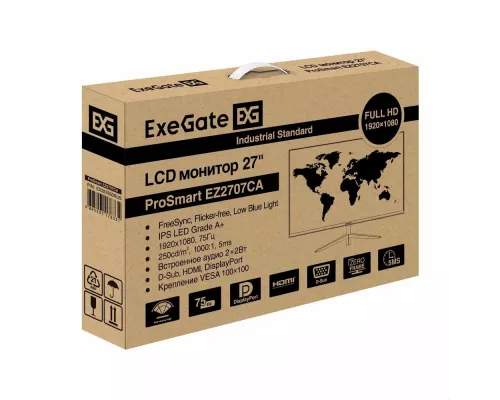 Монитор 27" ExeGate ProSmart EZ2707CA IPS LED Grade A+, FHD, 75Гц, Speakers, D-Sub, HDMI, DisplayPort, audio-in/out, кабель HDMI 1.5м (EX297650RUS)