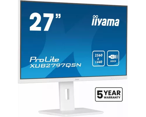 Монитор 27" Iiyama ProLite XUB2797QSN-W1 IPS 2560x1440, 100 Гц, 1 мс, 16:9, 250 кд/м², 1xHDMI, 1xDP, 3xUSB-A, 1xUSB-C, 1x3.5 мм, 2x2 Вт, белый