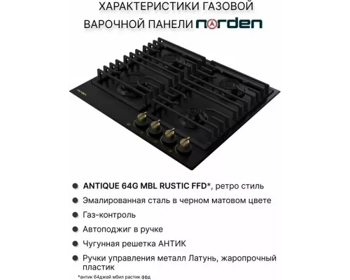 Варочная поверхность NORDEN ANTIQUE 64G MBL RUSTIC FFD матовый черный
