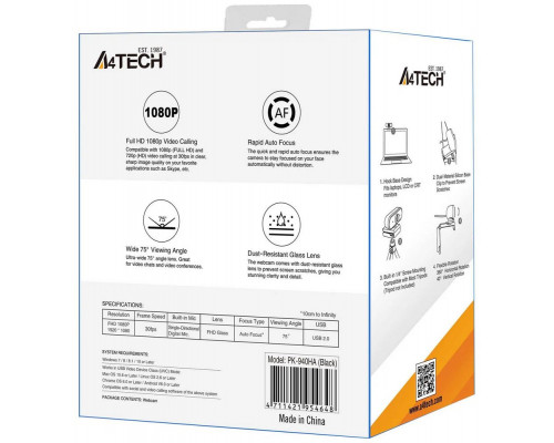Веб-камера A4Tech PK-940HA черный