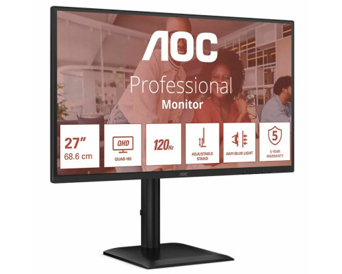 Монитор 27" AOC Q27E4U IPS 2560x1440, 120 Гц, 4 мс, 16:9, 350 кд/м², HDMI 2.0, DP 1.2, 3.5 Jack, USB Hub (4x USB 3.2 Gen 1), HDR10, Adaptive-Sync, черный