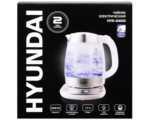 Чайник Hyundai HYK-G4033 белый/серебристый стекло