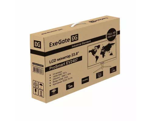 Монитор 23.8" ExeGate ProSmart EV2407 (VA LED Grade A+, FHD, 1920x1080@75Гц, 16:9, 250cd/m2, 1000:1, 178°/178°, 5ms, D-Sub, HDMI, кабель HDMI 1.5м, VESA, регулировка наклона, черный)