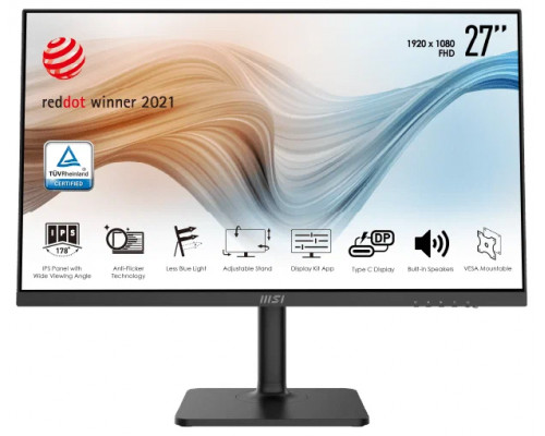 Монитор MSI PRO 27" MD271P {IPS 1920x1080 75Hz 5ms 178/178 250cd 1000:1 8bit(6bit+FRC) HDMI1.4 USB-C(PD 15W; DP mode) AudioOut 2x1W Pivot VESA} [9S6-3PA49H-006]