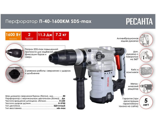 Перфоратор Ресанта П-40-1600КМ SDS-Max 