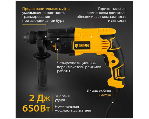 Перфоратор электрический DENZEL RH-650-18 SDS-plus 650 Вт 20 Дж 3 плюс 1 реж 26603