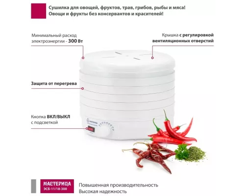 Сушилка для овощей и фруктов Мастерица ЭСБ-11/18-300, 5 поддонов, 18 л, вентилятор, круглая