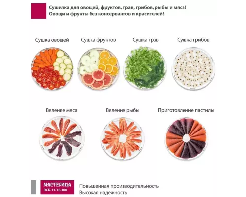 Сушилка для овощей и фруктов Мастерица ЭСБ-11/18-300, 5 поддонов, 18 л, вентилятор, круглая