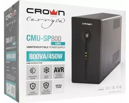 ИБП CROWN CMU-SP800EURO {800VA, металл,1x12V/9AH, розетки 3*EURO+1*IEC bybas} CM000001492