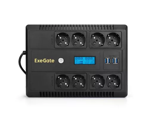 ИБП ExeGate NEO Smart LHB-600.LCD.AVR.8SH.CH.USB <600VA/360W, LCD, AVR, 8*Schuko, USB, 4*USB-порта для зарядки, Black>