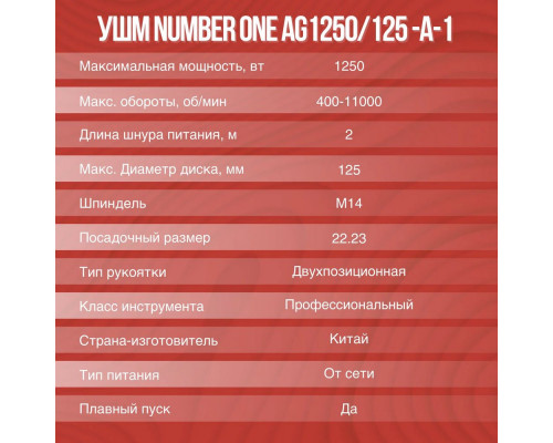 Угловая шлиф. машина NUMBER ONE AG1250/125-A-1