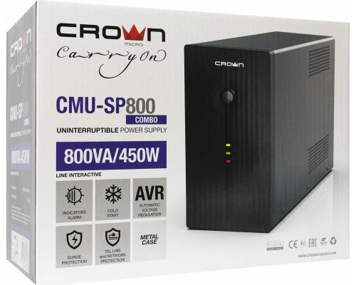 ИБП CROWN CMU-SP800 COMBO {800VA металл,1x12V/9AH, розетки 2*IEC + 2*EURO} CM000001494