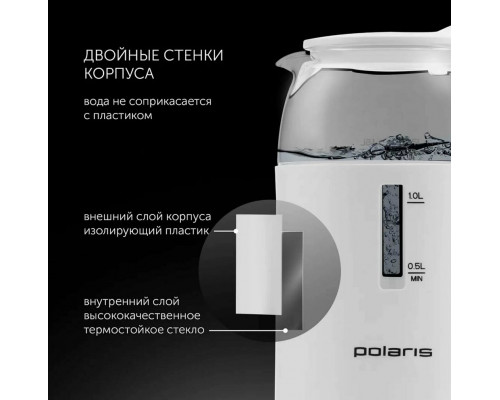 Чайник POLARIS PWK1545CGL Water Way Pro, пластик/стекло белый